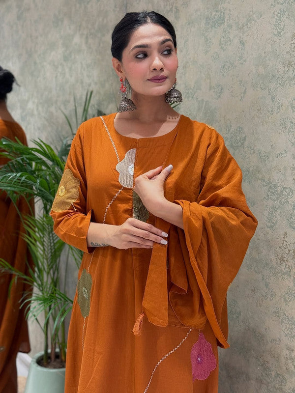 Rust Orange Pure Cotton Embroidered Anarkali Suit Set with Mulmul Dupatta image 8