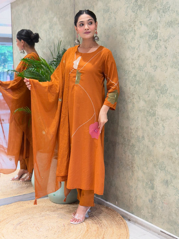 Rust Orange Pure Cotton Embroidered Anarkali Suit Set with Mulmul Dupatta image 9