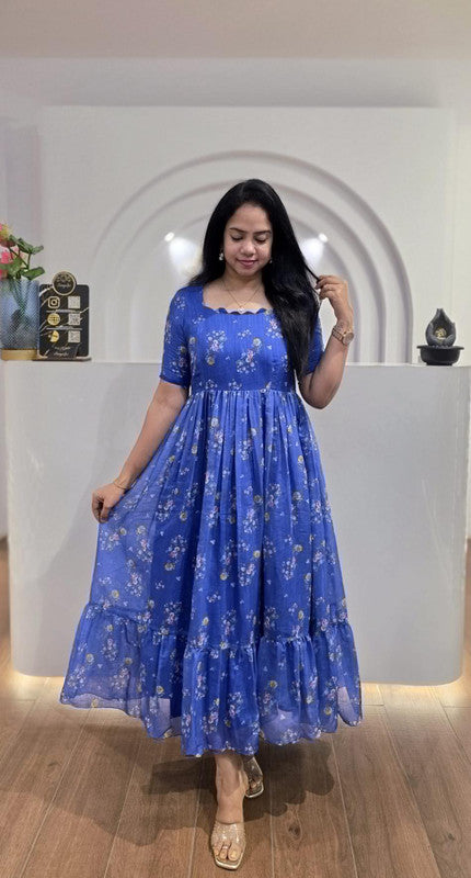 Blue Square Neck Tiered Floral Georgette Maxi Dress image 1