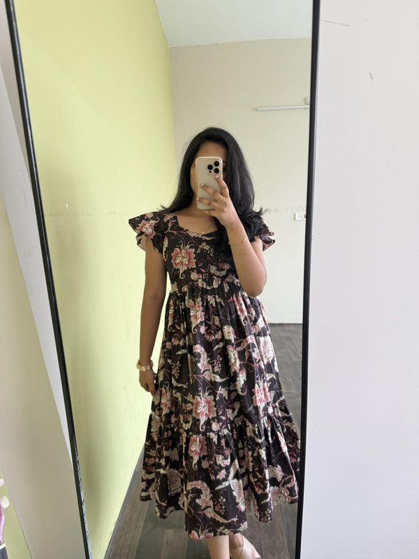 Brown Floral Tiered Maxi Cotton Dress with Flutter Sleeves image 1