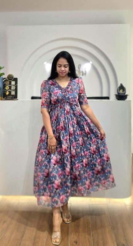 Blue & Pink V-Neck Ruched Tiered Floral Georgette Maxi Dress image 1