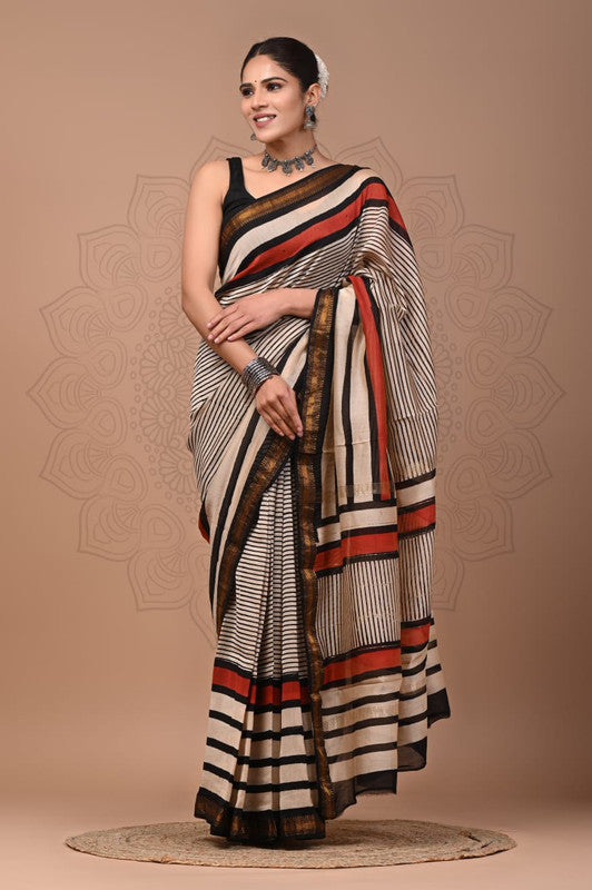 Pure Maheshwari Silk Striped Saree with Blouse Piece image 2