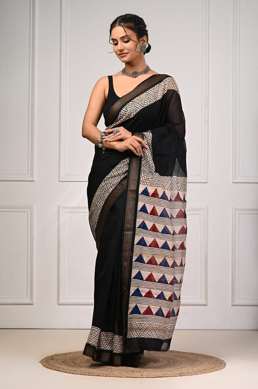Maheshwari Silk Saree with Geometric Triangle Print image 1