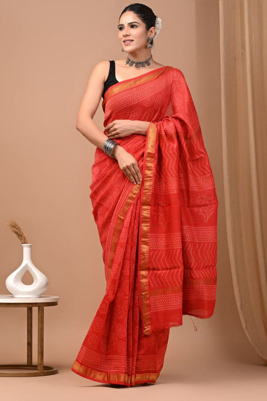 Women's Pure Maheshwari Silk Saree with Minimal Block Print image 2