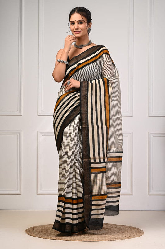 Pure Maheshwari Silk Striped Saree with Blouse Piece image 1