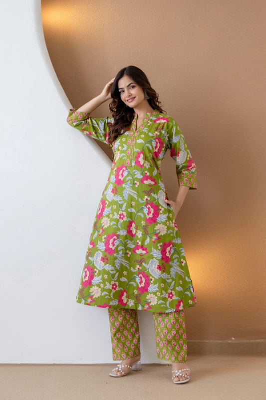 Elegant Jaipuri Printed Cotton Top Bottom Set with Floral Design image 1