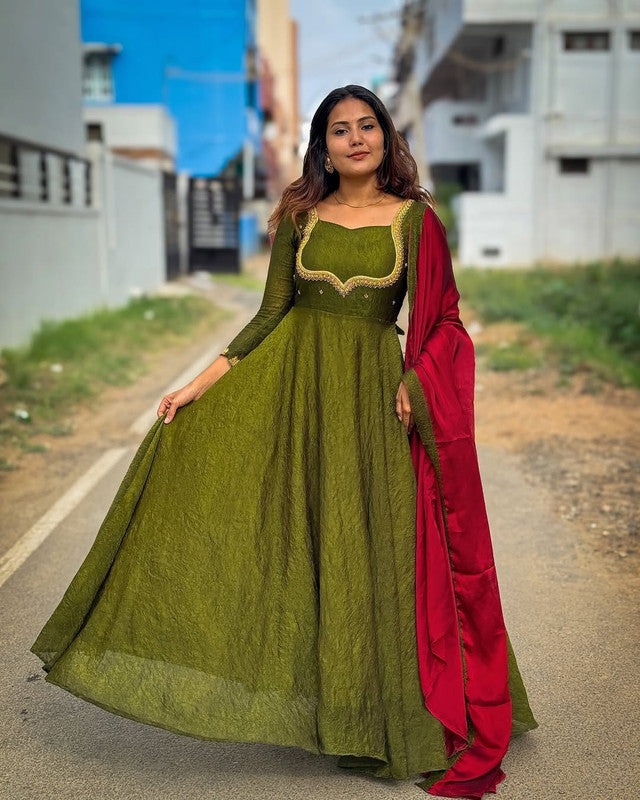 Designer Hand Work Anarkali Gown with Rangoli Silk Dupatta image 1