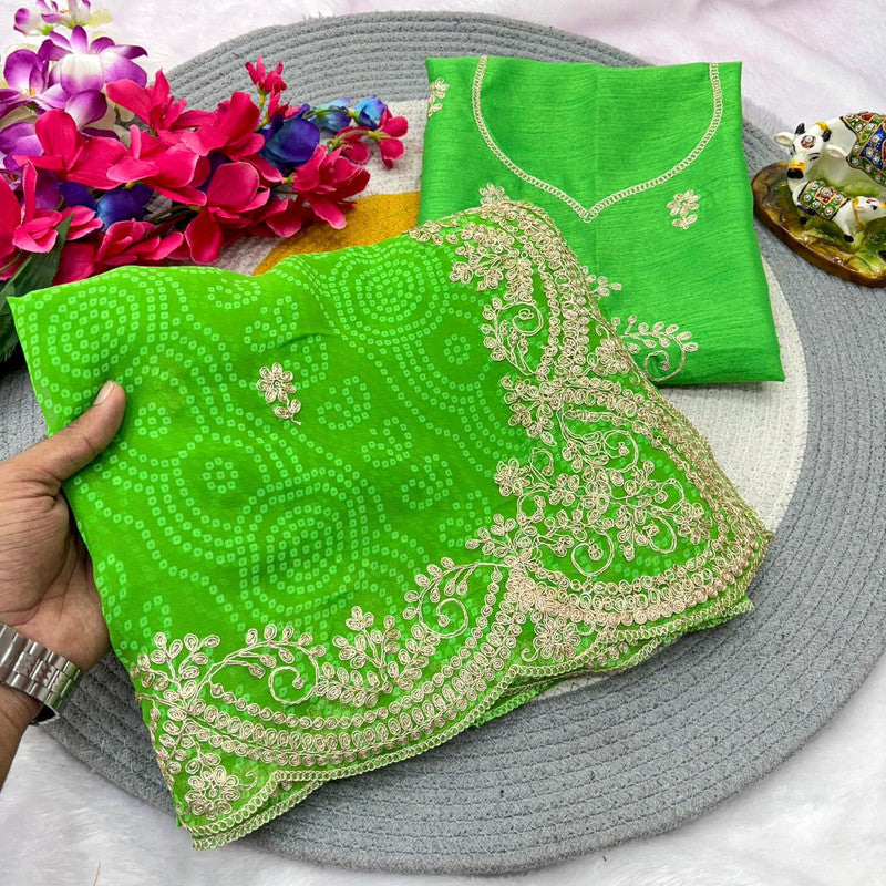 Georgette Bandhani Pitta Work Saree with Unstitched Blouse image 1