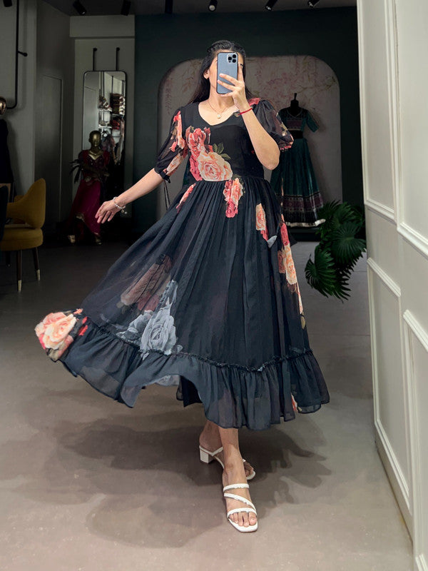 Floral Printed Georgette Ruffled Midi Frock Dress image 1