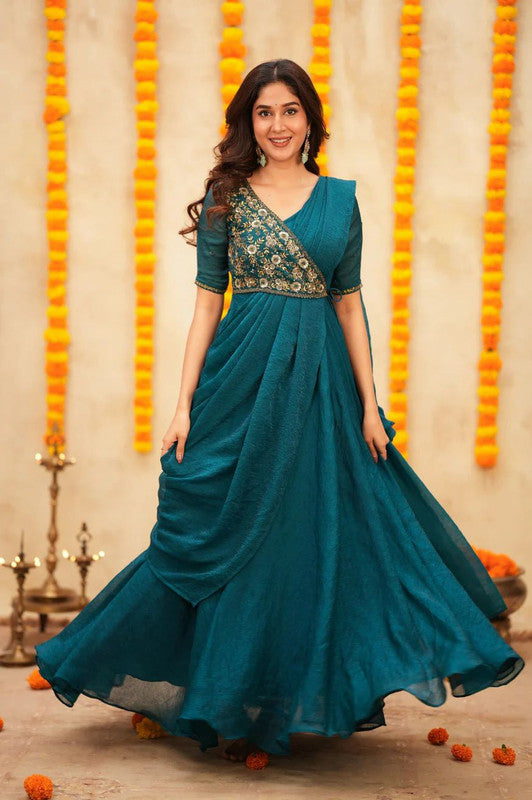 Aqua Meenakari Pre-Draped Vichitra Silk Saree Gown with Embroidery image 1