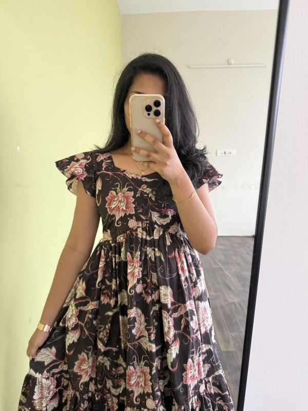 Brown Floral Tiered Maxi Cotton Dress with Flutter Sleeves image 2