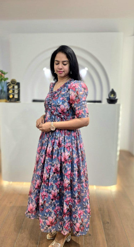 Blue & Pink V-Neck Ruched Tiered Floral Georgette Maxi Dress image 2