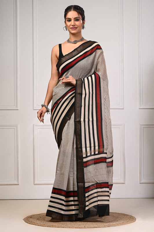 Pure Maheshwari Silk Striped Saree with Blouse Piece image 3