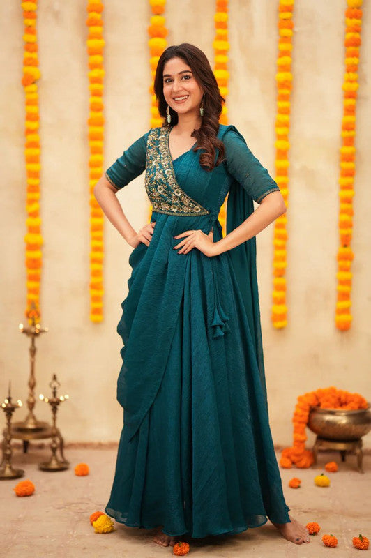 Aqua Meenakari Pre-Draped Vichitra Silk Saree Gown with Embroidery image 2