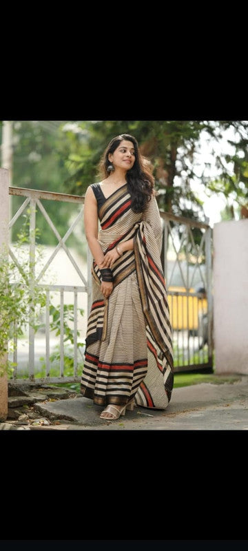 Pure Maheshwari Silk Striped Saree with Blouse Piece image 4