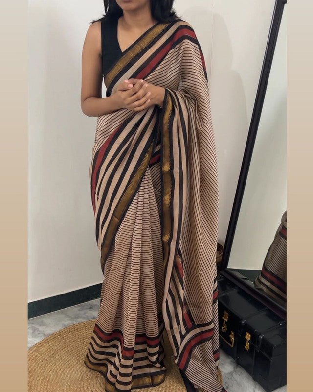 Pure Maheshwari Silk Striped Saree with Blouse Piece image 5