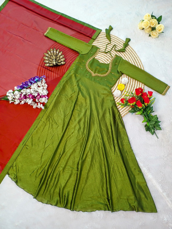 Designer Hand Work Anarkali Gown with Rangoli Silk Dupatta image 5
