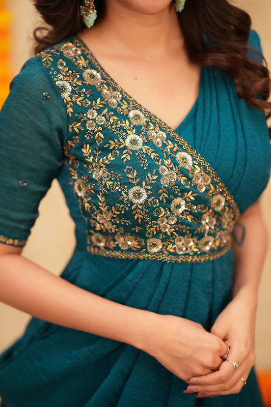 Aqua Meenakari Pre-Draped Vichitra Silk Saree Gown with Embroidery image 5